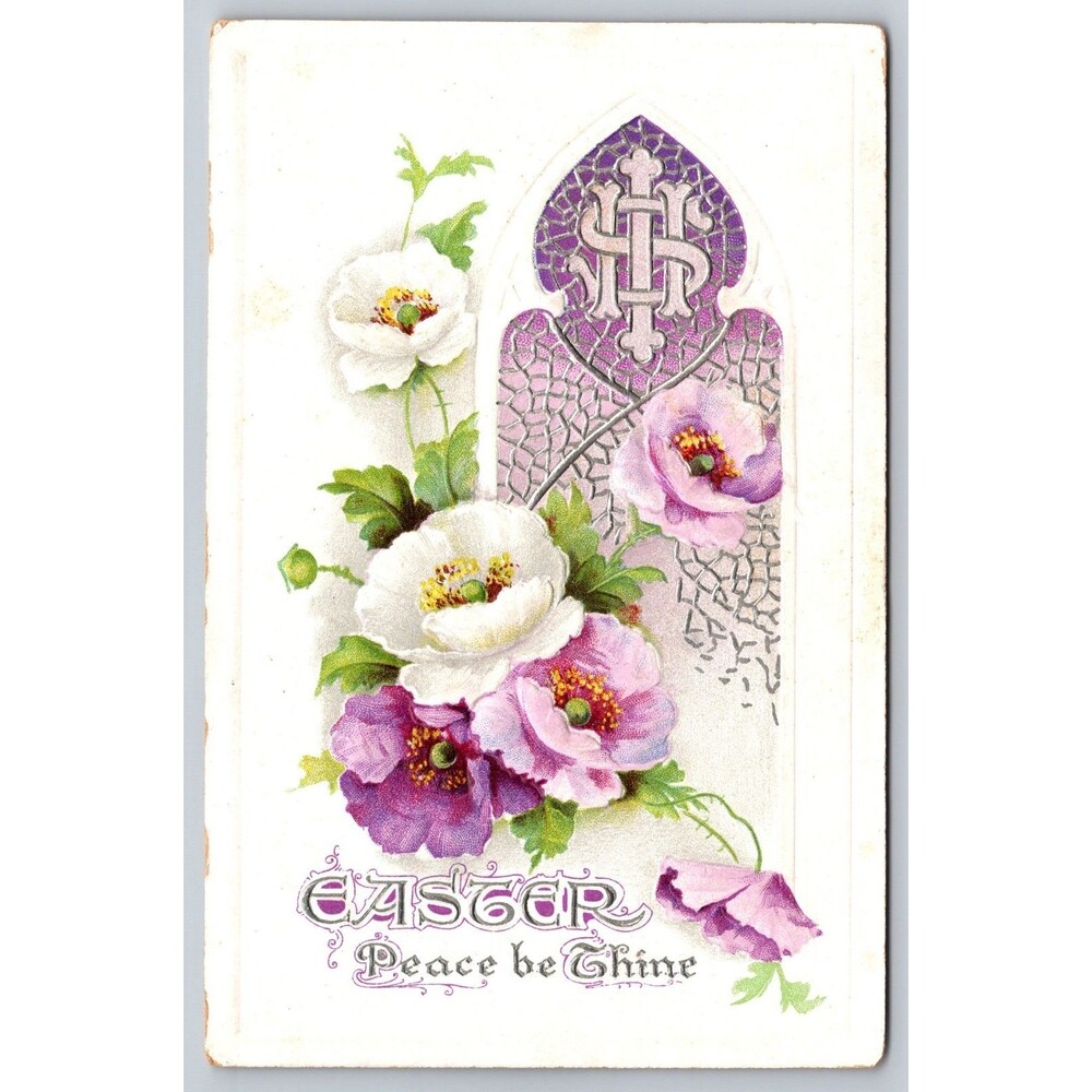 Postcard Antique Easter Peace Flowers IHS Embossed Unpost c1910s Sister Florence